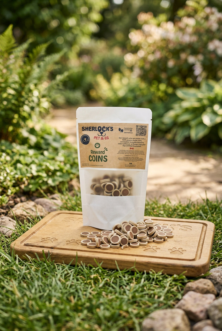 A stand-up pouch labeled 'SHERLOCK'S PET & CO Reward Coins' with many small round dog treat coins spilled in front on a wooden surface against a white background.