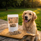 A stand-up pouch labeled 'SHERLOCK'S PET CO Reward Coins' with many small round dog treat coins spilled in front on a wooden surface against a white backdrop.