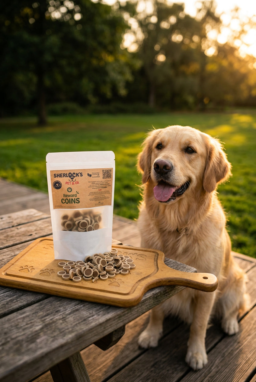 A stand-up pouch labeled 'SHERLOCK'S PET CO Reward Coins' with many small round dog treat coins spilled in front on a wooden surface against a white backdrop.