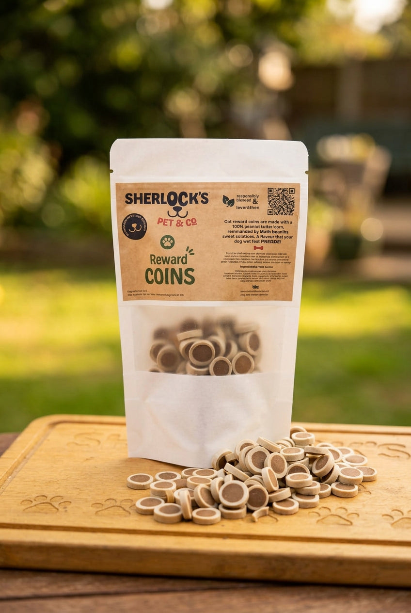 A stand-up pouch labeled 'SHERLOCK'S PET & Co Reward Coins' with many small round beige-and-brown ring-shaped treats spilled in front, set on a wooden board against a white backdrop.