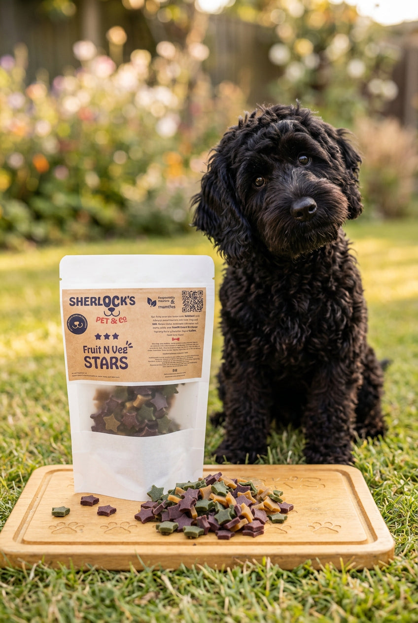 A stand-up pouch labeled 'SHERLOCK'S PET CO. Fruit N Veg STARS' stands on a wooden tray with a pile of star-shaped pet treats in front.